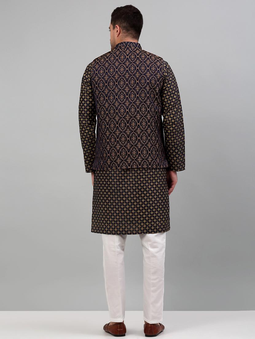 brown silk blend kurta pyjama with jacket ethnic wear set - 20024914 - Standard Image - 3