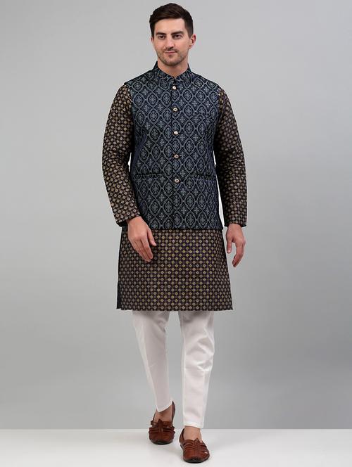 teal silk blend kurta pyjama with jacket ethnic wear set - 20024917 - Standard Image - 0