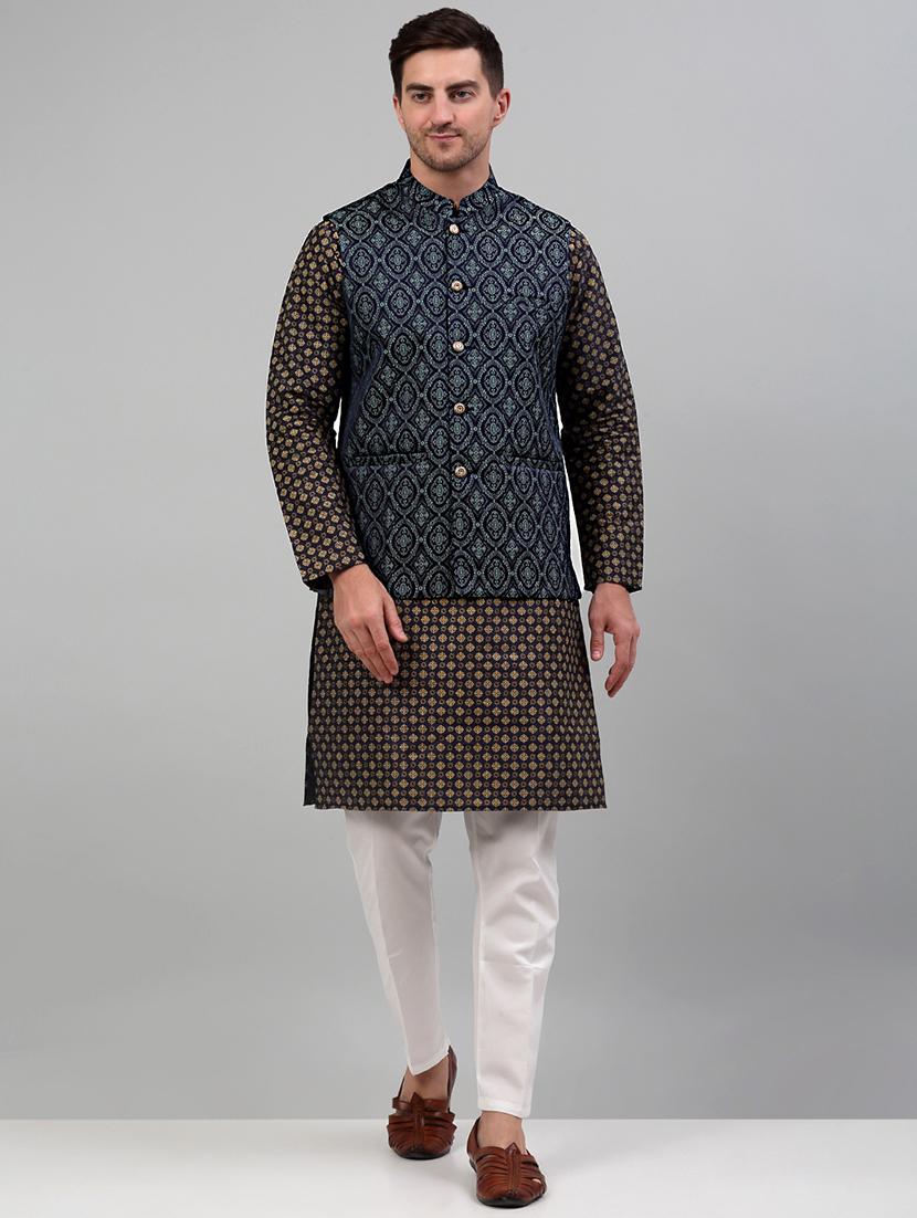 teal silk blend kurta pyjama with jacket ethnic wear set - 20024917 - Zoom Image - 0
