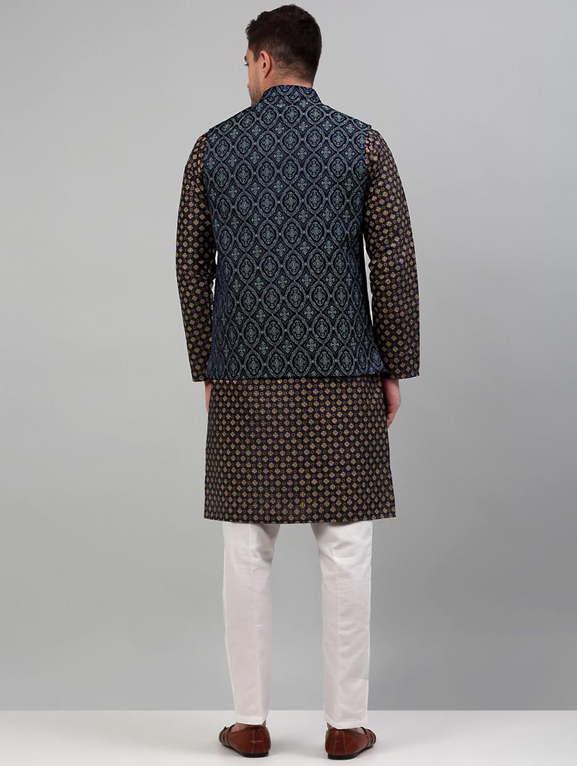 teal silk blend kurta pyjama with jacket ethnic wear set - 20024917 - Standard Image - 3