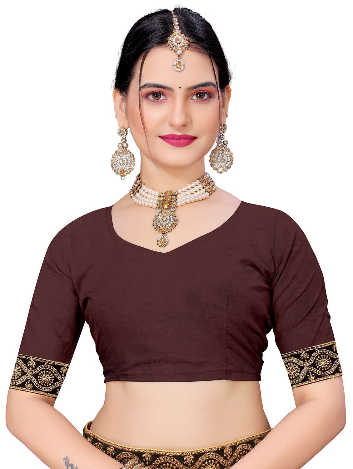 brown lycra blend embroidered saree with blouse - 20025250 - Standard Image - 3