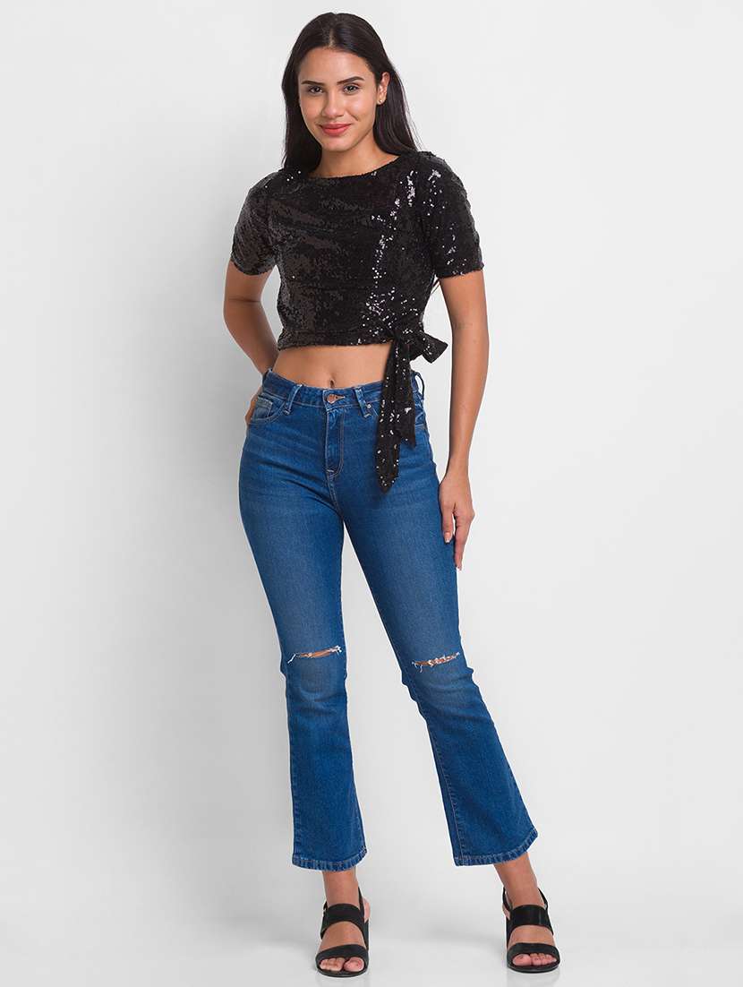 women black sequin work crop top - 20025294 -  Standard Image - 3