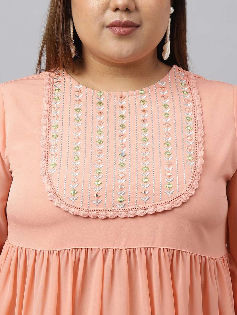 Peach Round Neck Kurta Sharara Set - 20025463 -  Standard Image - 3