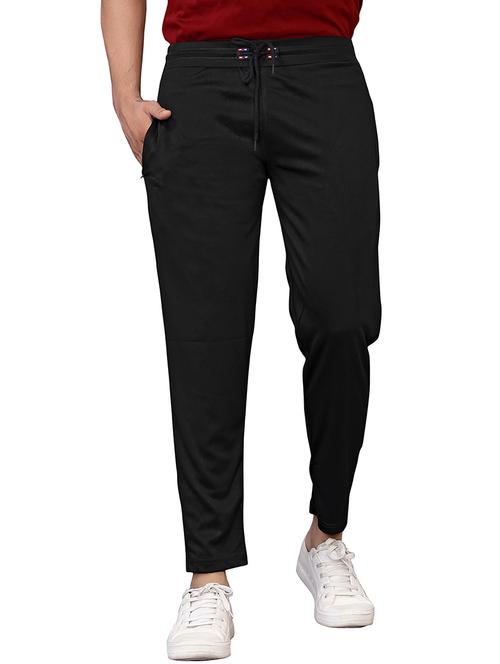 men solid lycra blend black track pants with 2 zipper pockets - 20026163 - Standard Image - 0