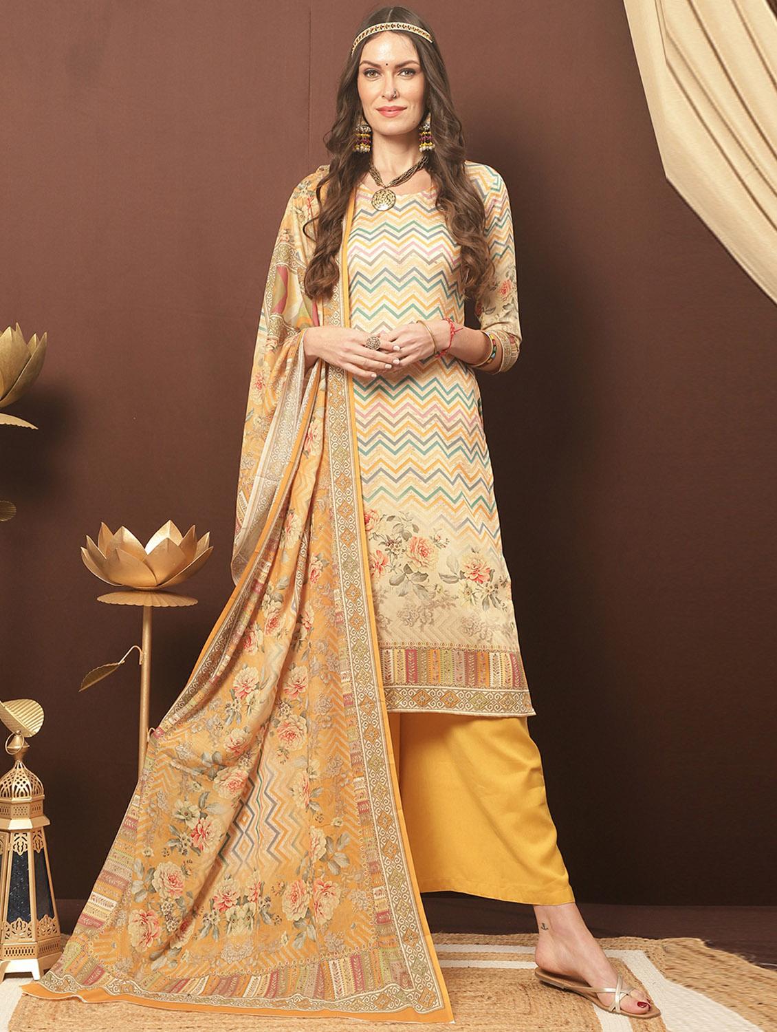 yellow round neck unstitched suits - 20027667 - Zoom Image - 0