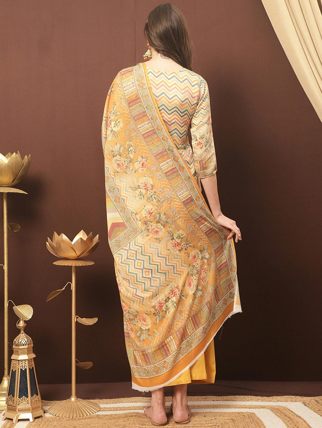 yellow round neck unstitched suits - 20027667 - Standard Image - 3
