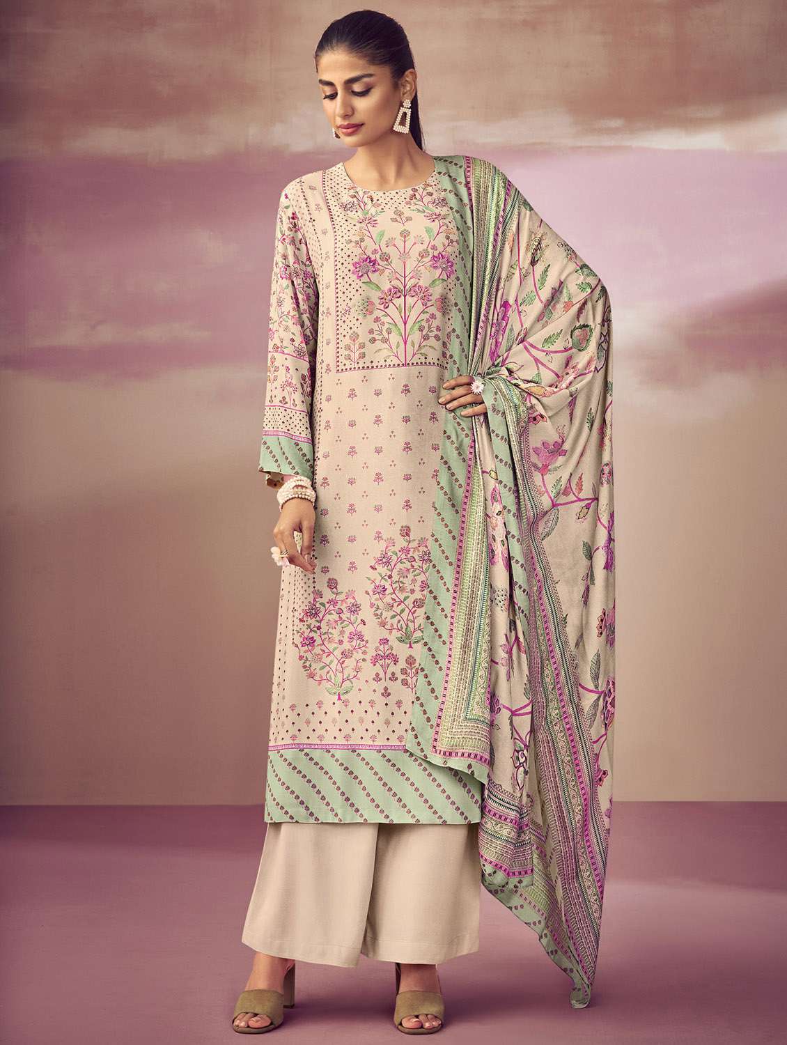 beige round neck unstitched suits - 20027673 - Zoom Image - 0