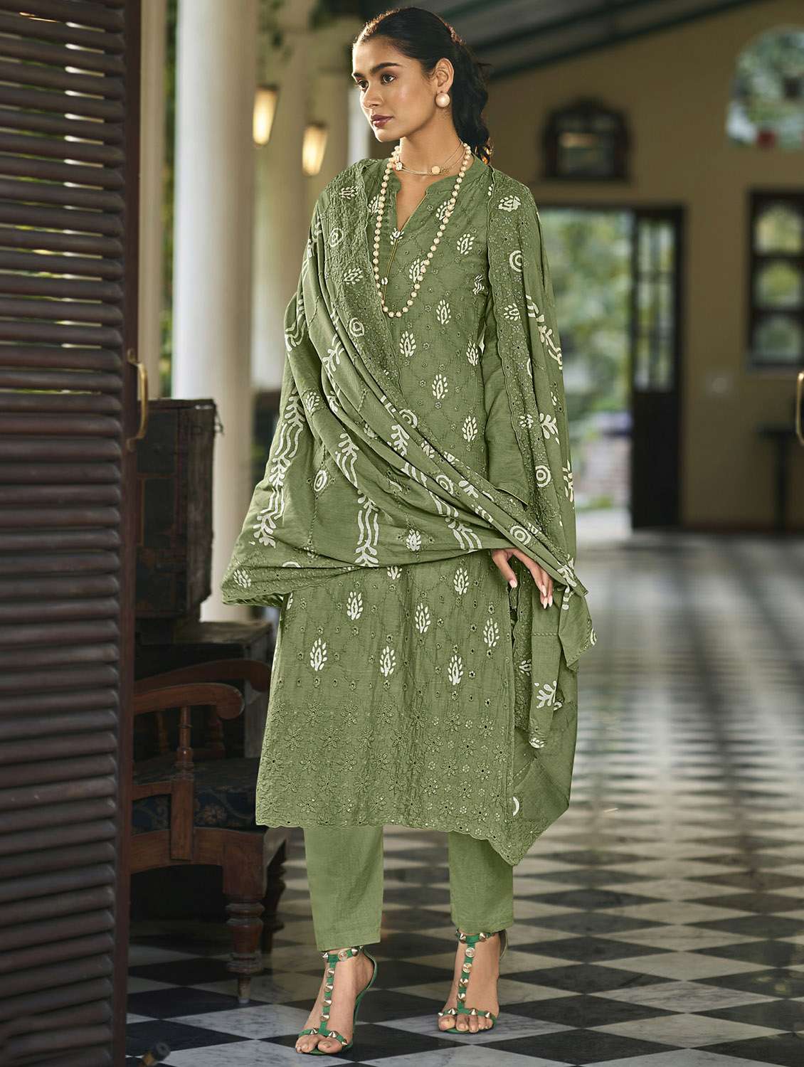 olive mandarin neck unstitched suits - 20027684 - Zoom Image - 0
