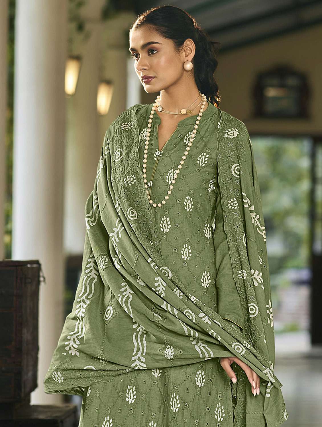 olive mandarin neck unstitched suits - 20027684 - Standard Image - 3