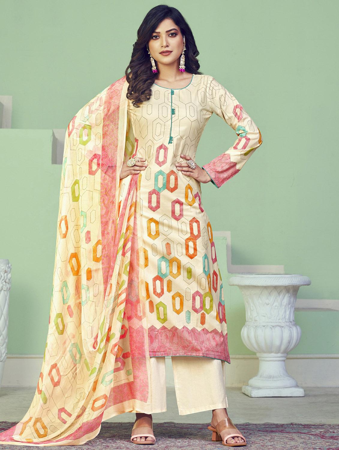 cream round neck unstitched suits - 20027688 - Zoom Image - 0