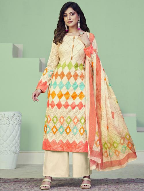 cream round neck unstitched suits - 20027689 - Standard Image - 0