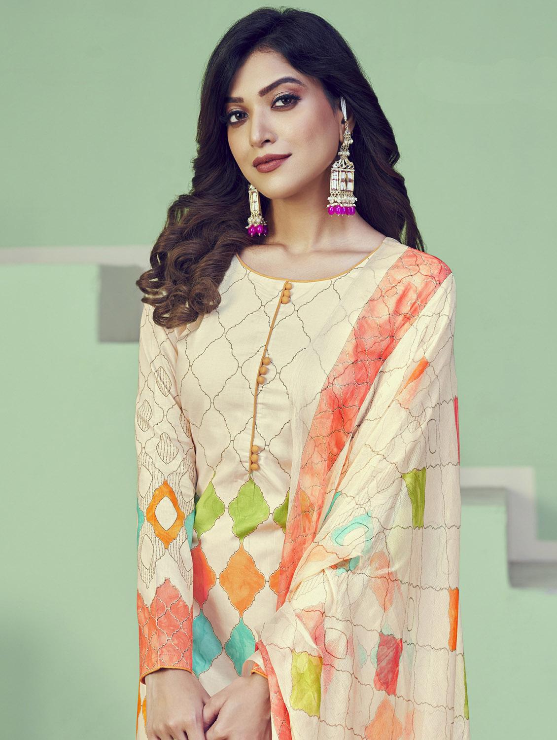 cream round neck unstitched suits - 20027689 - Standard Image - 3