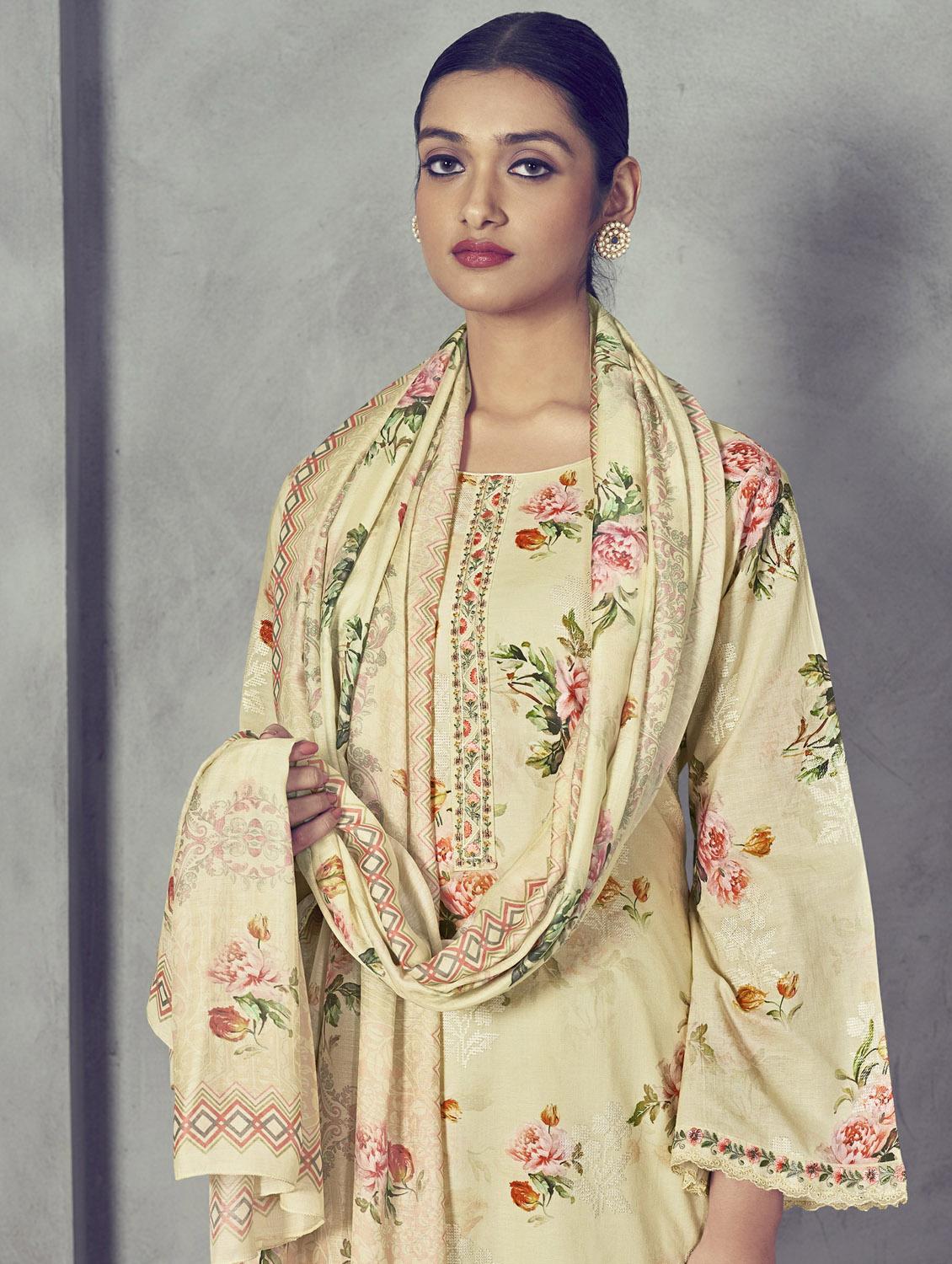 yellow round neck unstitched suits - 20027694 - Standard Image - 3