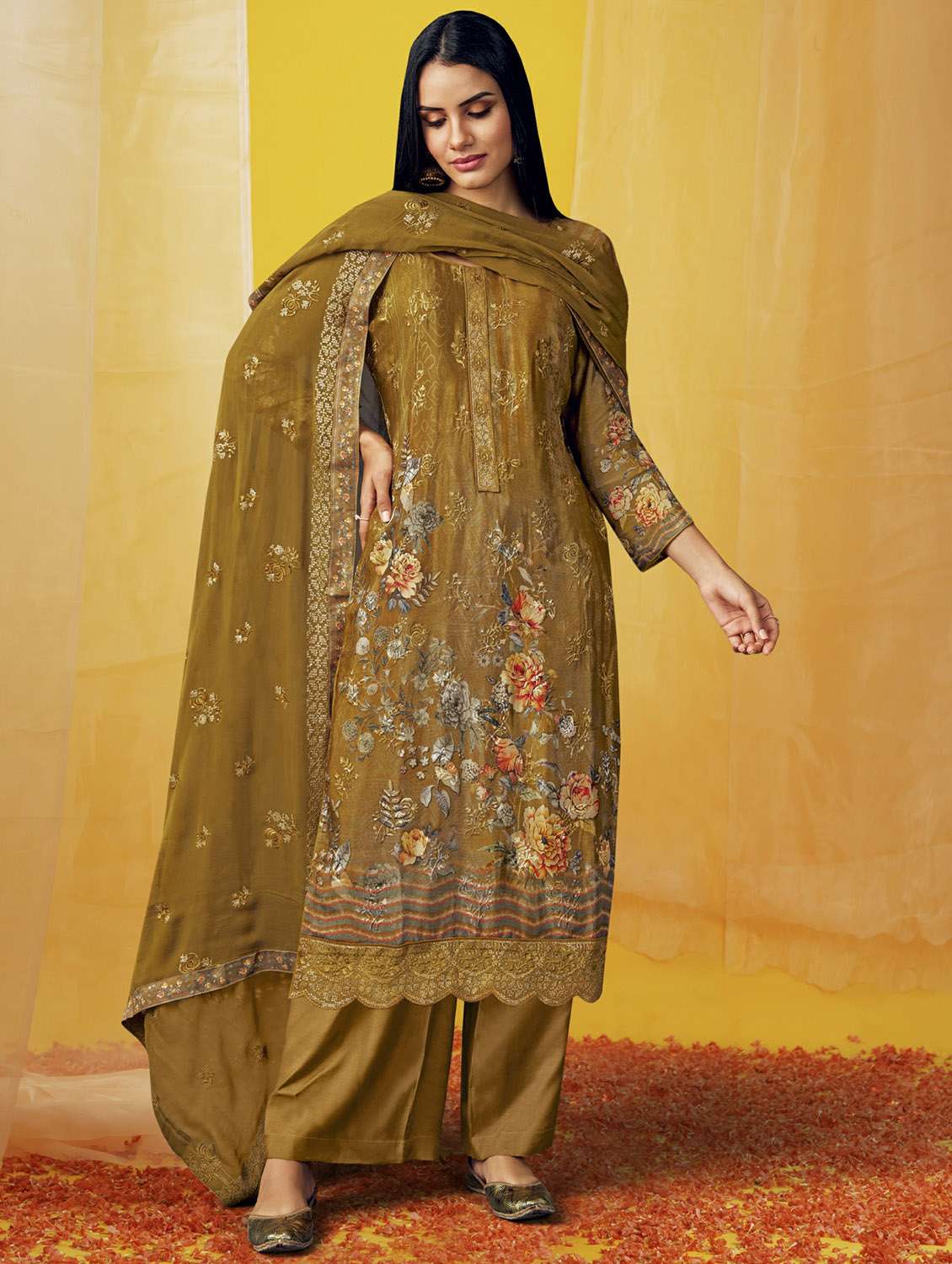 mustard round neck unstitched suits - 20027696 - Zoom Image - 0