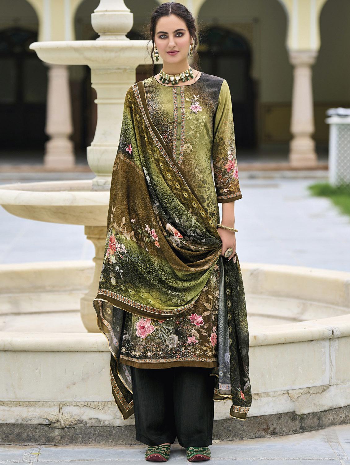 olive round neck unstitched suits - 20027703 - Zoom Image - 0
