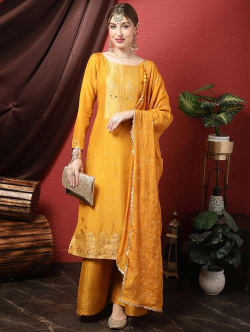 yellow boat neck unstitched suits - 20027729 -  Standard Image - 0