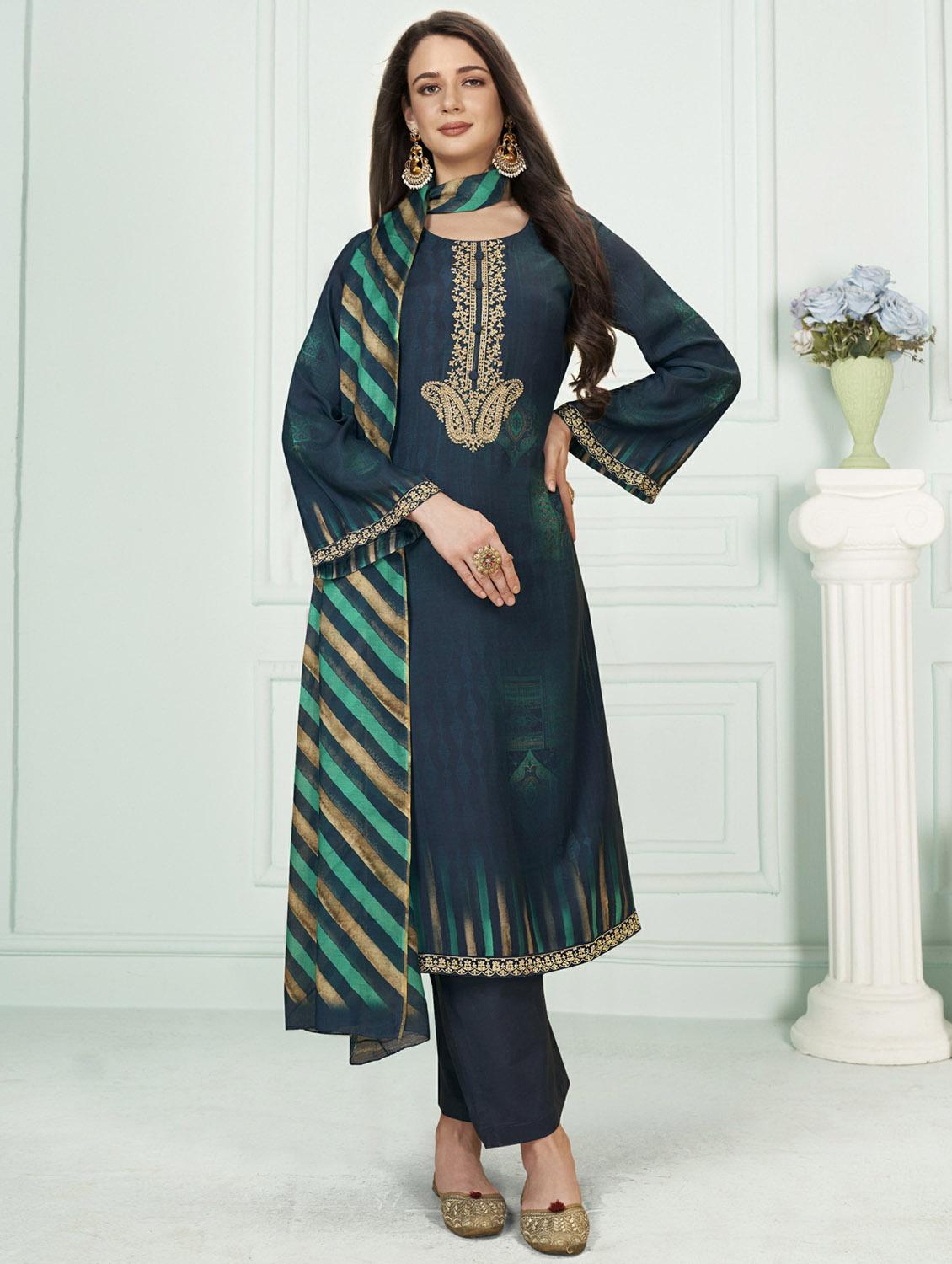teal round neck unstitched suits - 20027766 -  Zoom Image - 0