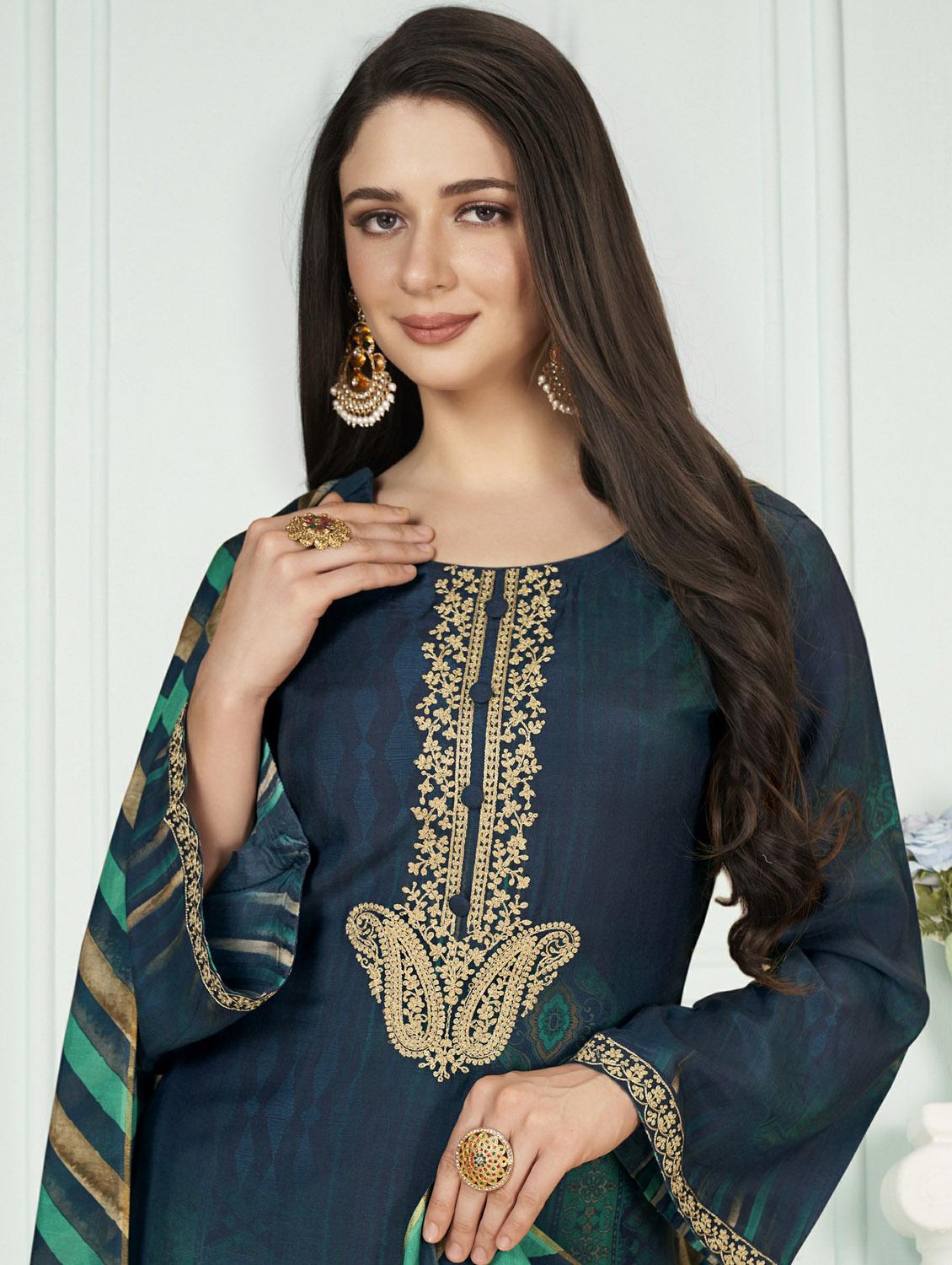 teal round neck unstitched suits - 20027766 - Standard Image - 3