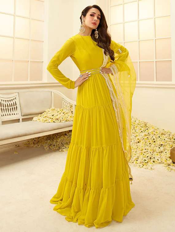 round neck solid tiered fit & flared gown 