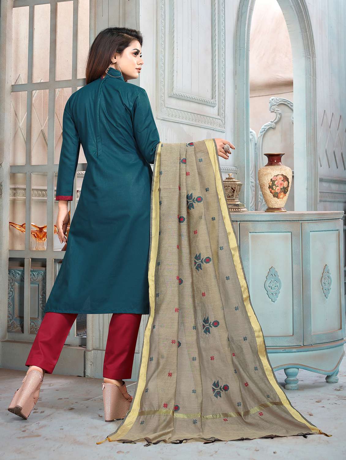 mandarin neck unstitched straight pant suits - 20029485 - Standard Image - 3
