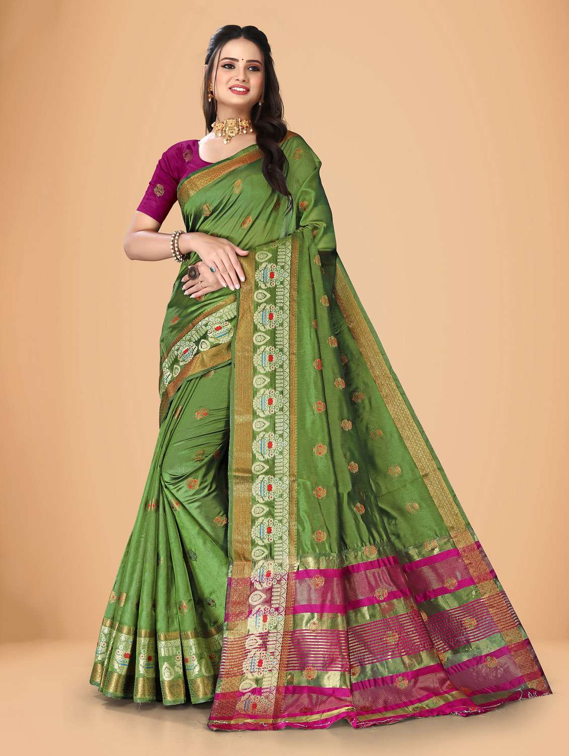 women's self design mehandi colored saree with blouse - 20029921 - Zoom Image - 0