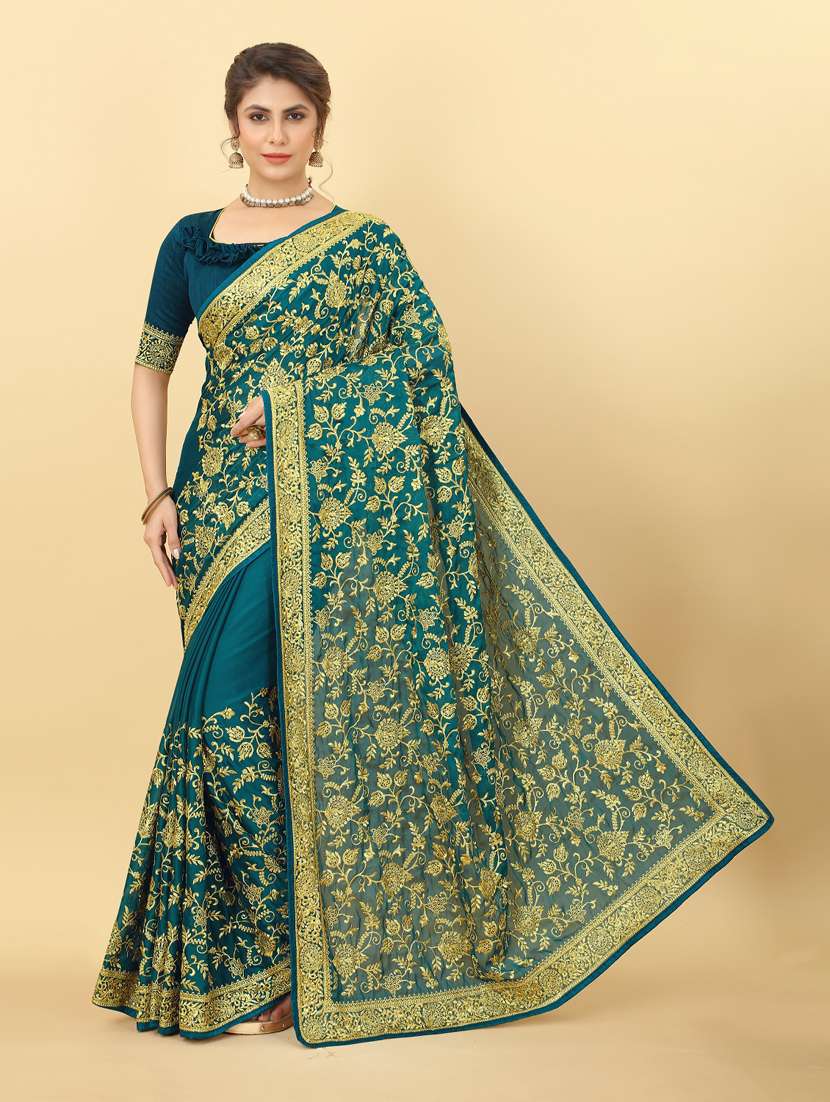 teal embroidered saree with blouse - 20029948 -  Zoom Image - 0