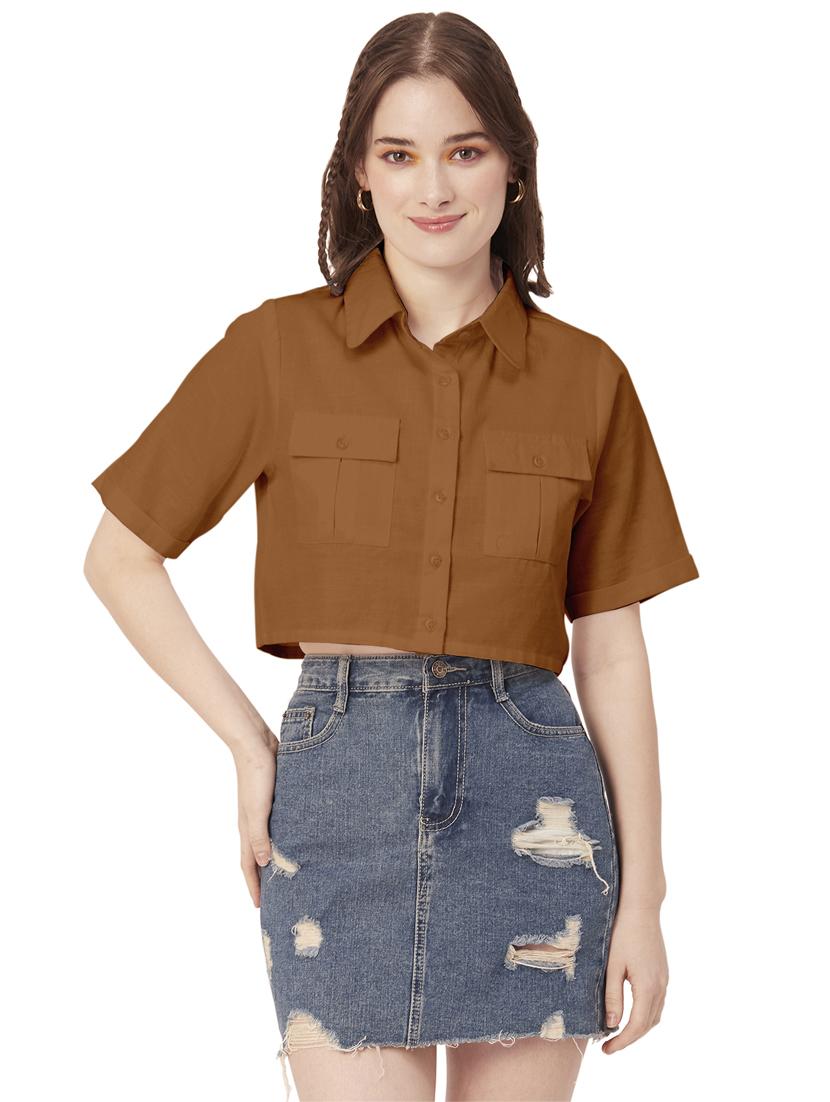 brown cotton crop shirt - 20031250 -  Zoom Image - 0