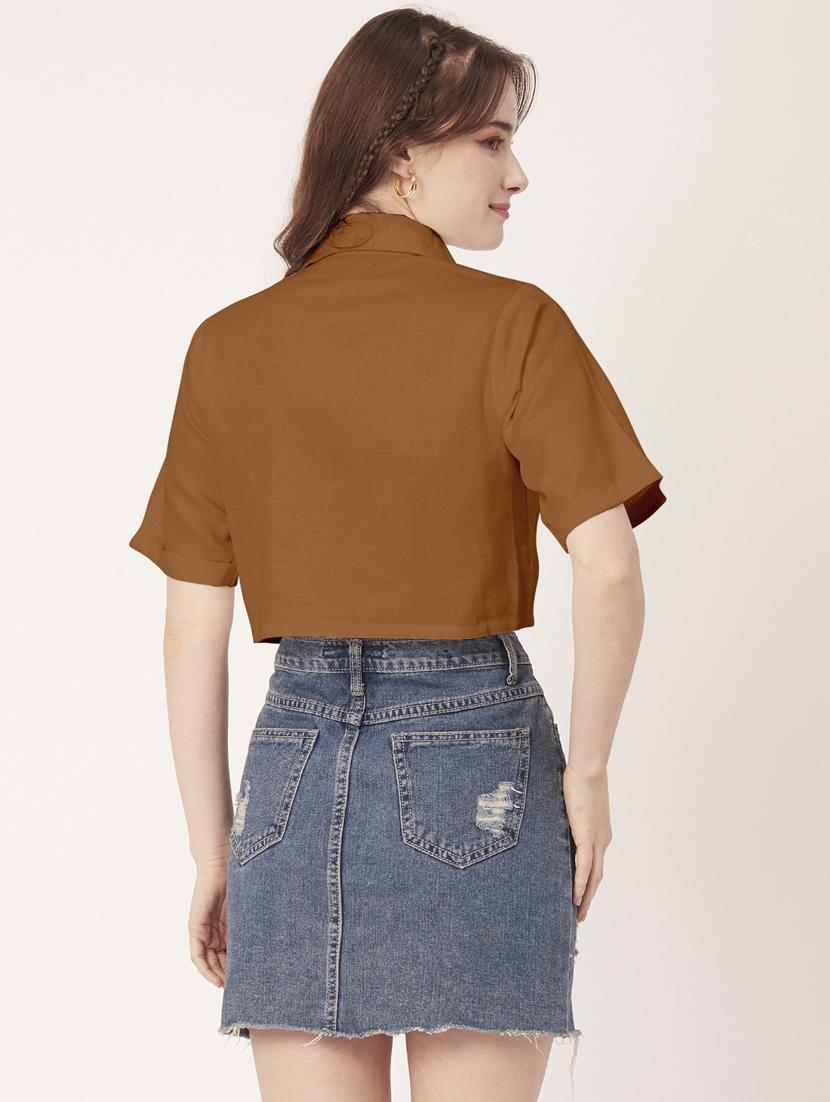 brown cotton crop shirt - 20031250 - Standard Image - 3