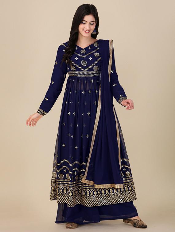 blue embroidered semi-stitched suits - 20031312 - Zoom Image - 0