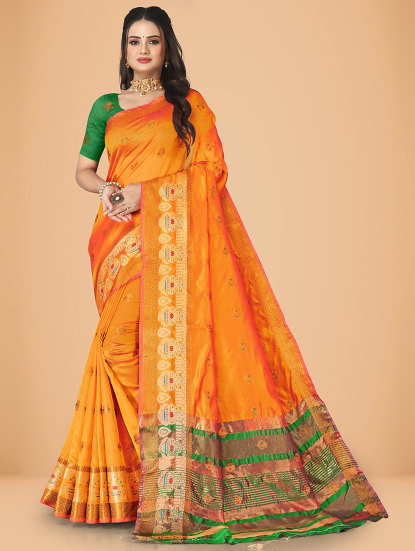 orange art silk banarasi saree with blouse - 20031353 - Zoom Image - 0