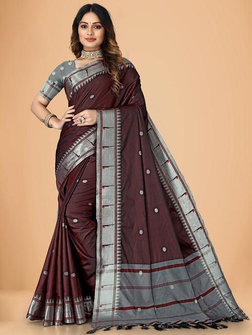 brown self designed woven contrast saree with blouse - 20031464 -  Standard Image - 0