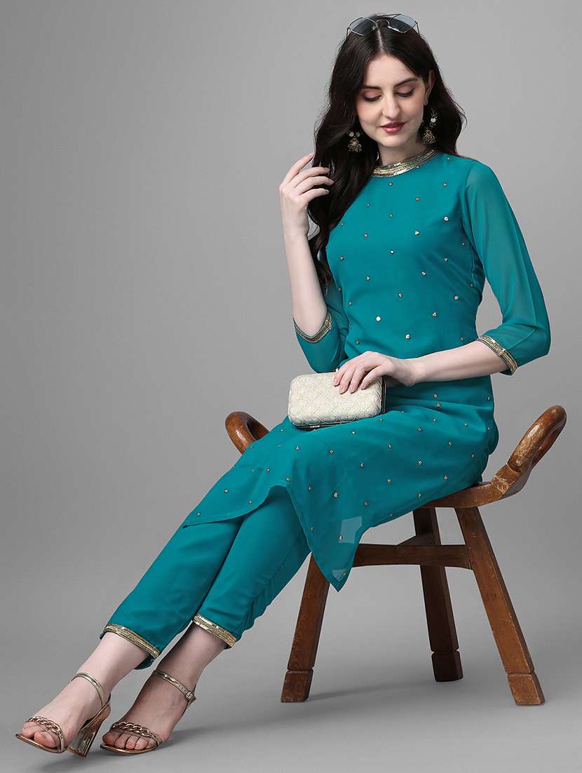 turquoise self design kurta pant set - 20031746 -  Standard Image - 3