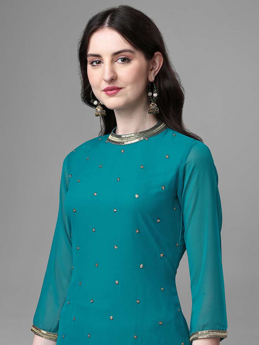 turquoise self design kurta pant set - 20031746 -  Standard Image - 5