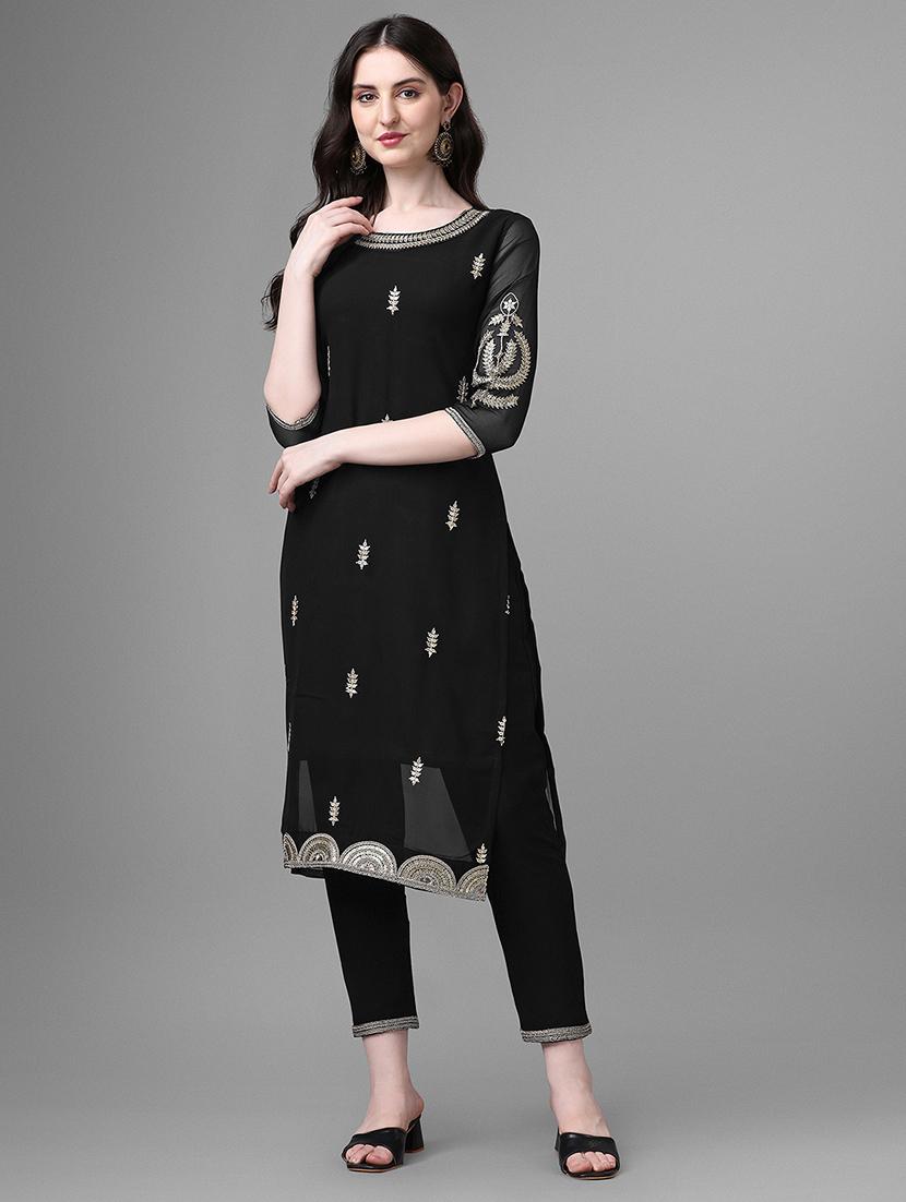 black self design straight kurta - 20031791 - Zoom Image - 0