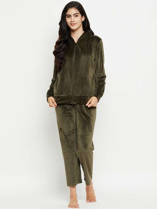 hooded neck solid nightwear suit - 20038853 - Standard Image - 0