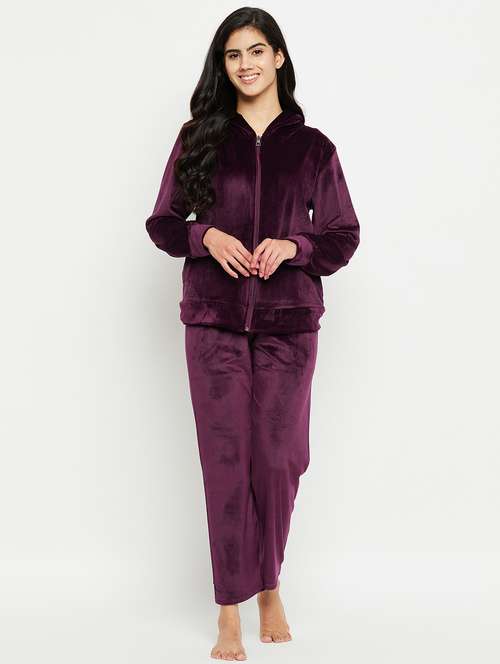 women hooded neck solid nightwear suit - 20038855 -  Standard Image - 0