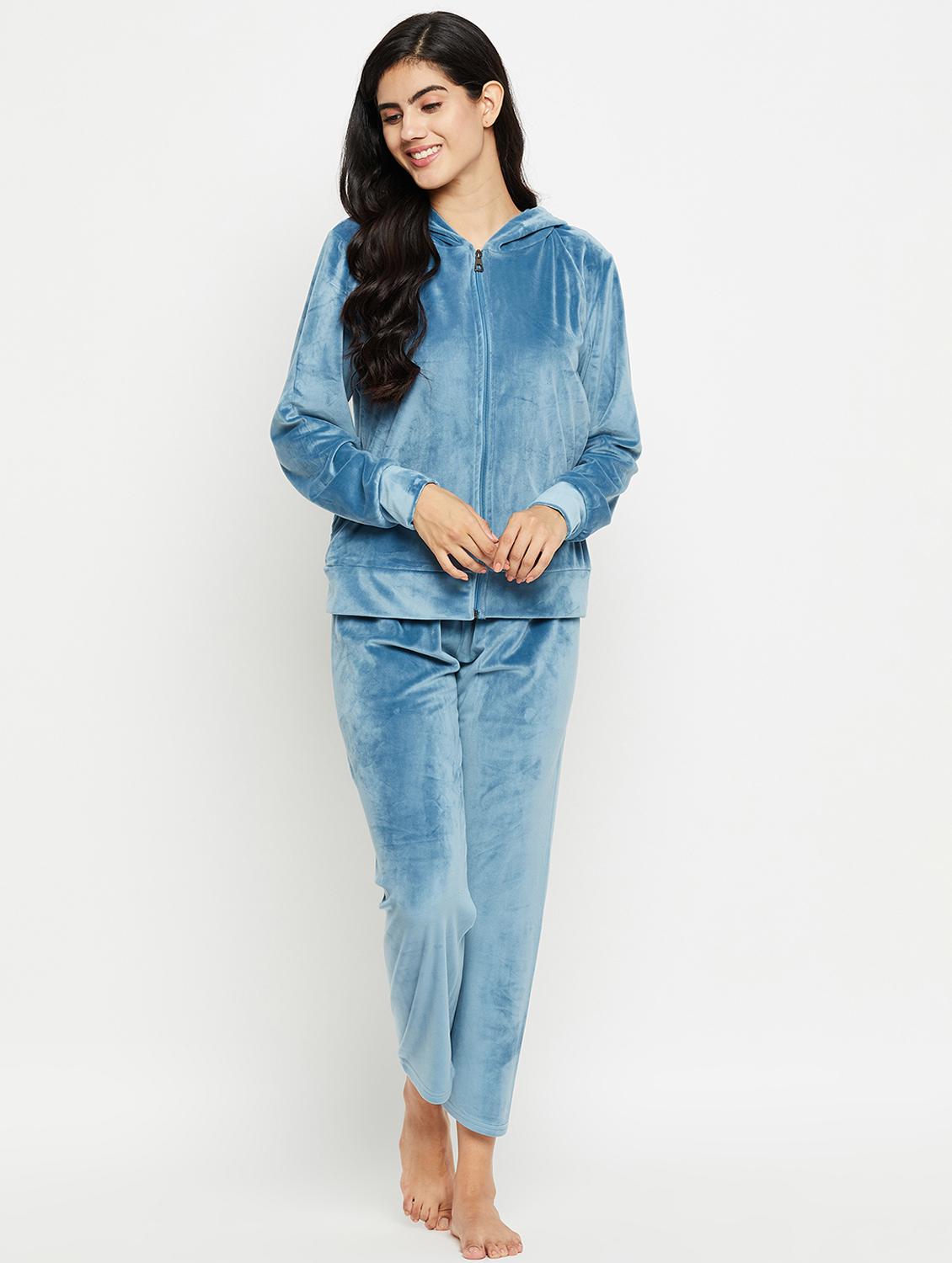 hooded neck solid nightwear suit - 20038856 - Zoom Image - 0
