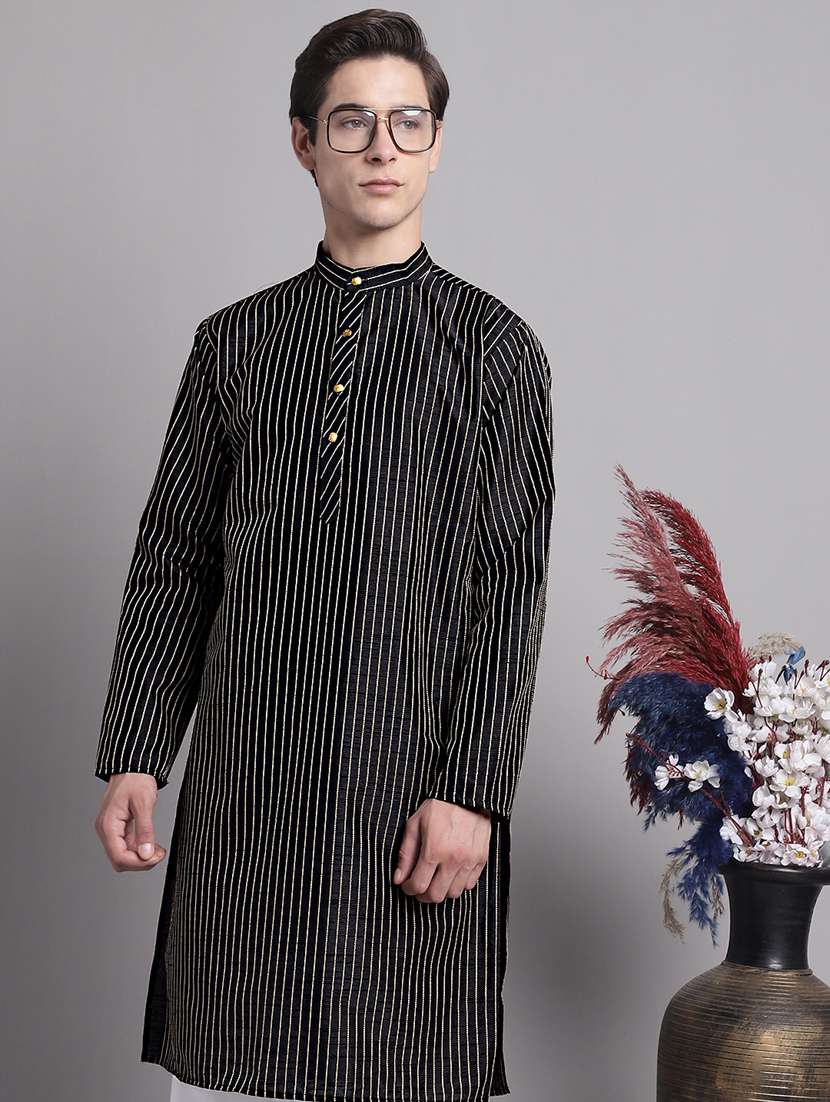 black silk blend long kurta - 20038867 -  Standard Image - 3