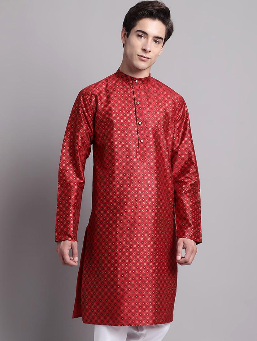 red silk blend long kurta - 20038868 - Zoom Image - 0