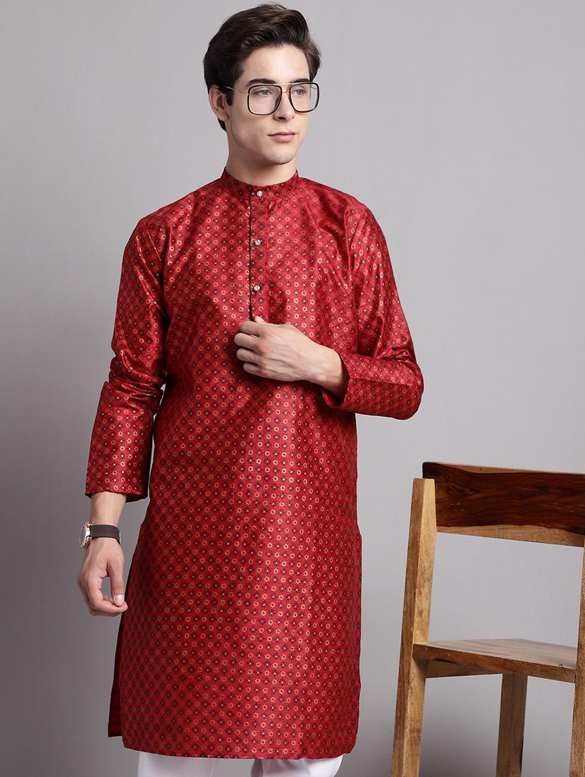 red silk blend long kurta - 20038868 - Standard Image - 3