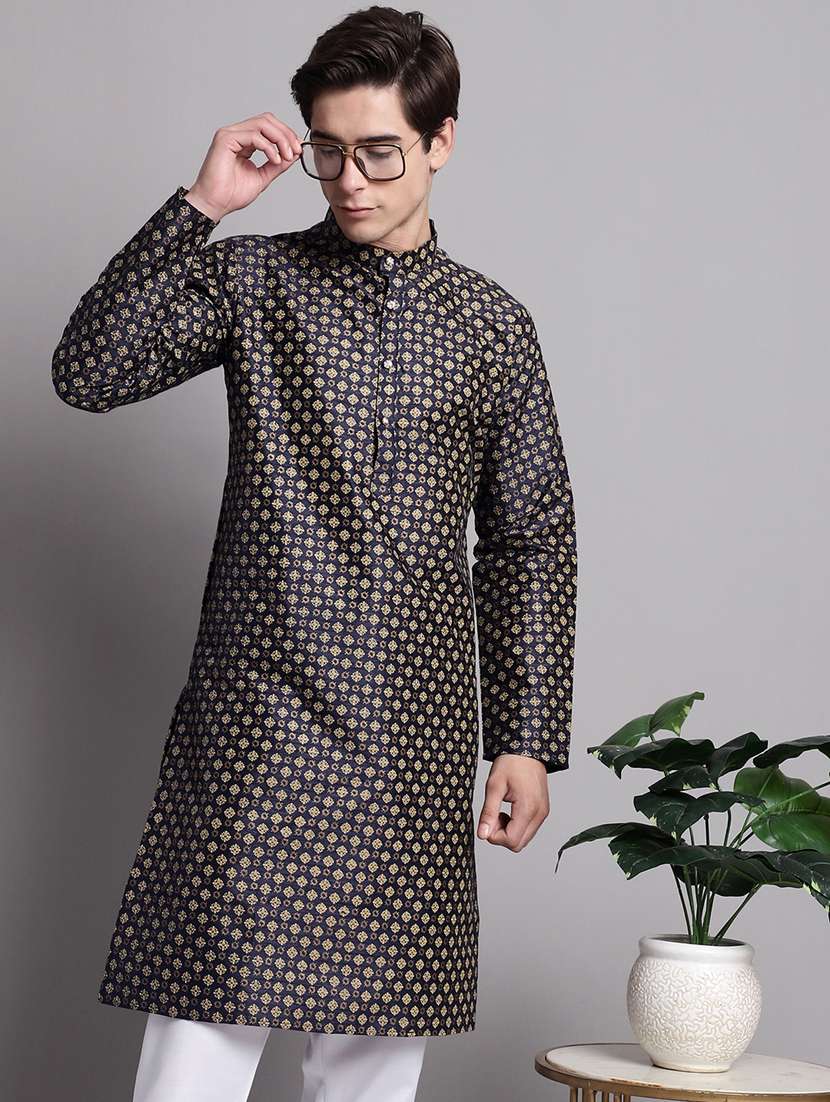 navy blue silk blend long kurtas - 20038869 - Standard Image - 3