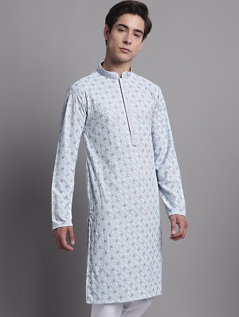 men solid with work mandarin neck long kurta - 20038875 - Zoom Image - 0