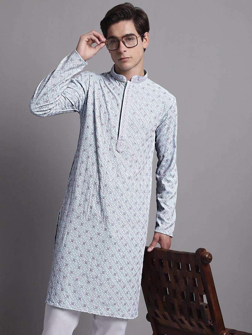 men solid with work mandarin neck long kurta - 20038875 - Standard Image - 3
