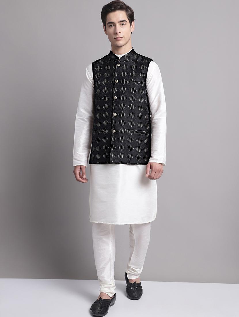 black silk blend kurta pyjama with jacket ethnic wear set - 20038892 - Zoom Image - 0