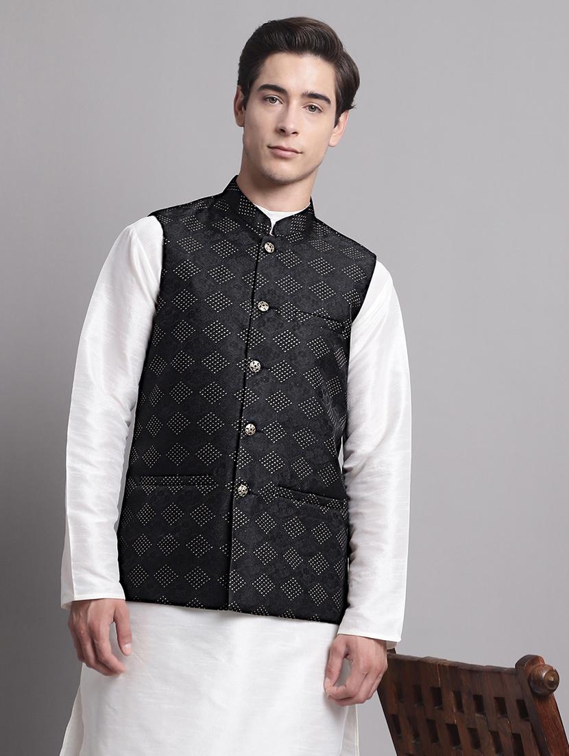 black silk blend kurta pyjama with jacket ethnic wear set - 20038892 - Standard Image - 3