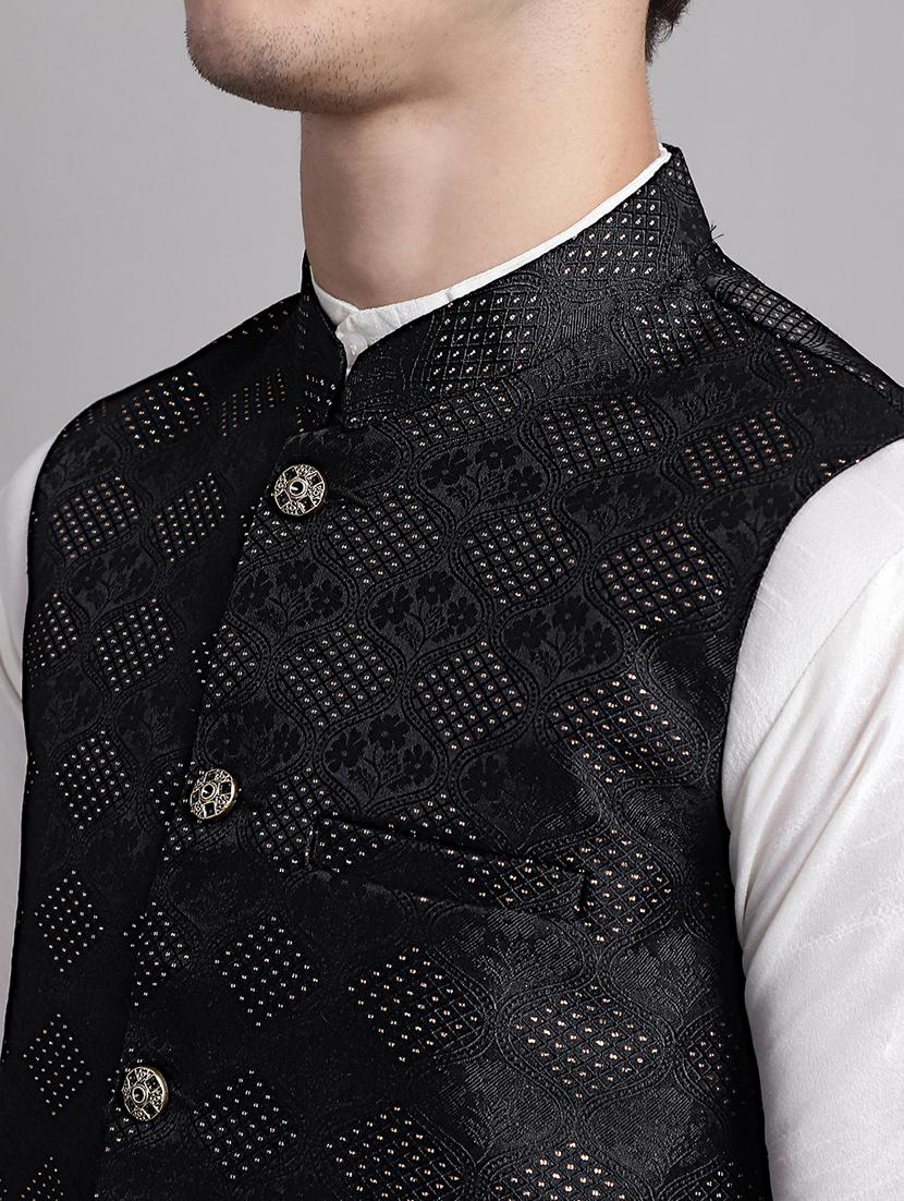 black silk blend kurta pyjama with jacket ethnic wear set - 20038892 - Standard Image - 5
