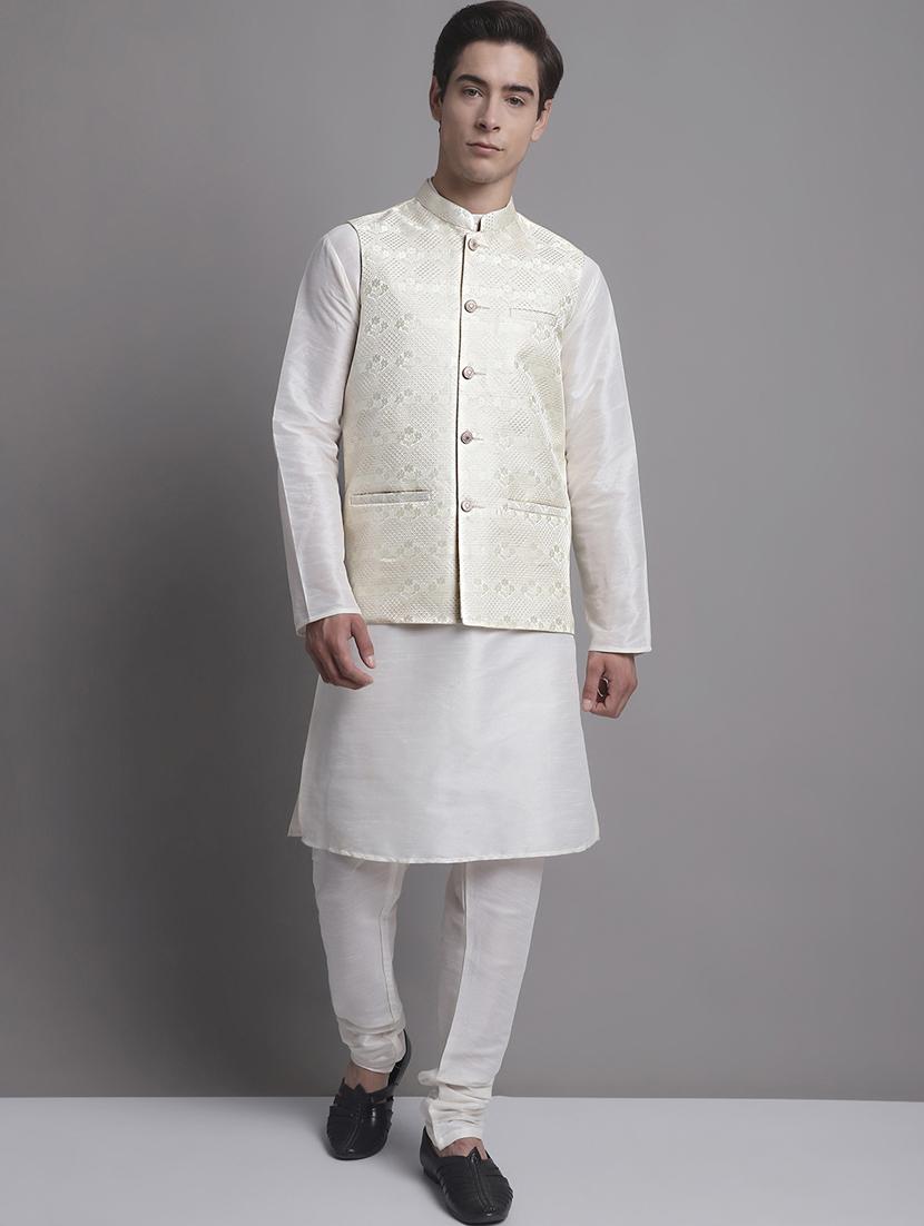 cream silk blend kurta pyjama with jacket ethnic wear set - 20038893 - Zoom Image - 0