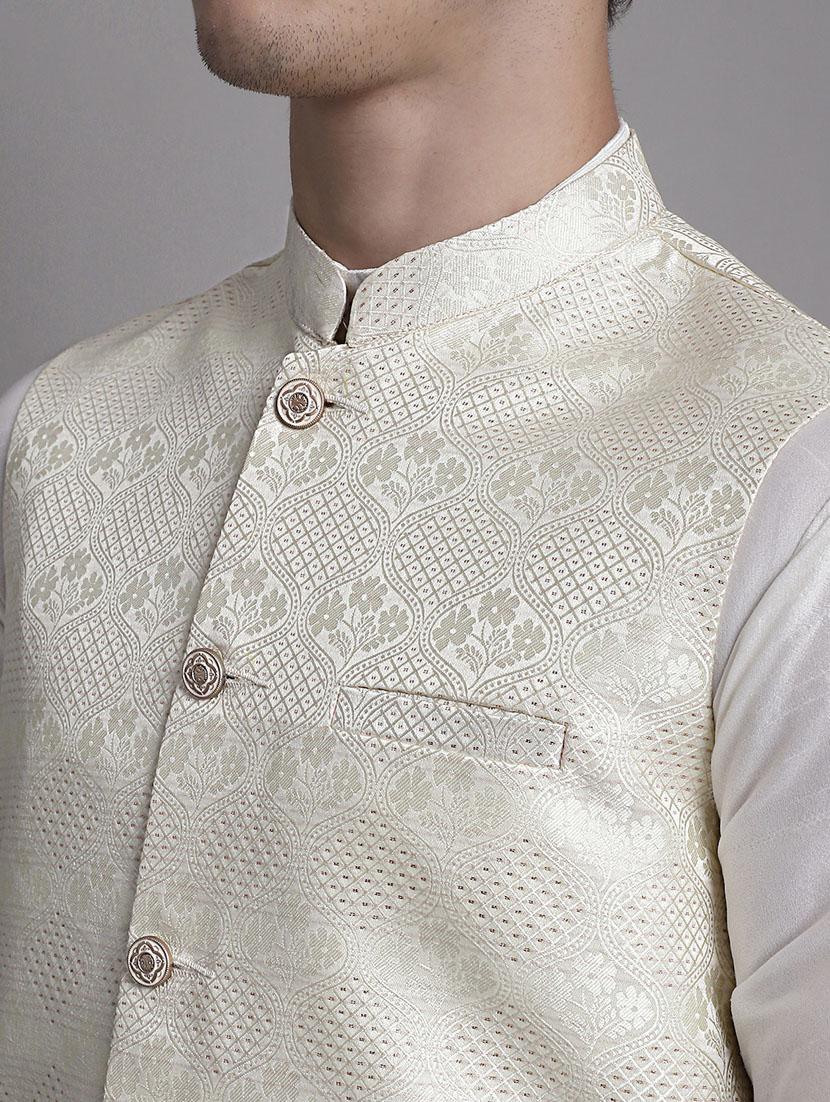 cream silk blend kurta pyjama with jacket ethnic wear set - 20038893 - Standard Image - 5