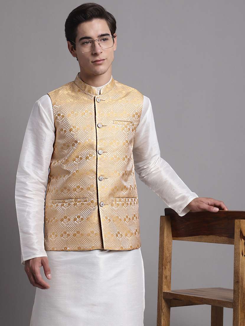 golden silk blend kurta pyjama with jacket ethnic wear set - 20038894 -  Standard Image - 3