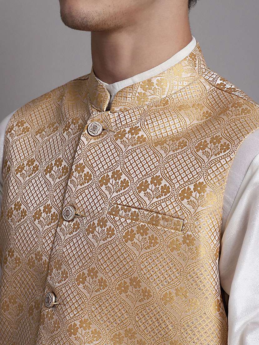 golden silk blend kurta pyjama with jacket ethnic wear set - 20038894 -  Standard Image - 5